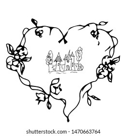 Fairy-tale castle and wreath. Vector illustration.