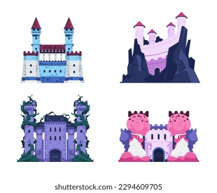 Castillos de cuento de hadas. Fortaleza histórica medieval de caricatura con torres, paredes de piedra y puerta de madera, antiguo palacio del reino. Castillo vectorial medieval, fortaleza ilustración de cuento de hadas