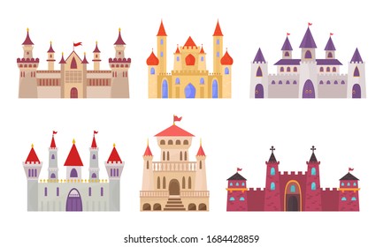 fairytale castles. medieval buildings fortress fantasy gothic architecture towers for kings and queens. vector castles