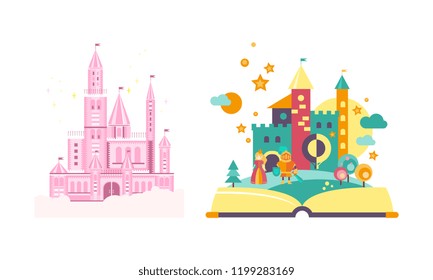 Fairytale castles, open book with fairy tale kingdom vector Illustration on a white background