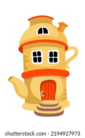 Fairytale ceramic teapot house for scene design, postcards, posters.  Isolated icon on white background. Building in cartoon style. Vector illustration.