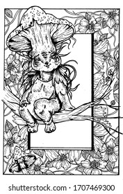 Fairytale character, cute creature, plump smile kid, magic mushroom with eyes and big hat in a specks, chubby cheeks and paws, sitting on a tree branch among the flowers, leaves and plants in a frame.