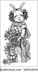 Fairytale character, cute little girl with freckles, bunny ears and legs, round face and wings, with flowers barrettes, in dress and beauty collar, with basket of flowers in his hands in full growth.