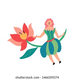 Fairy-tale character fairy sitting on a flower sprig. Fairytales. Editable Vector Illustration