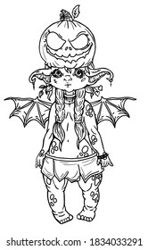 Fairytale character, magic creature, cute baby elf-pumpkin in dressed for Halloween, with sharp ears, big eyes and chubby cheeks, in skirt, with big pumpkin on head, with long pigtails and wings.