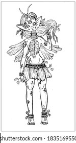 Fairytale character, magic creature, tender forest earthen fairy with long loose hair and big pointed ears, with leaves, antennae and wings, in flower loincloth with necklace and big leaf on breast.