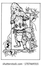 Fairytale character, magic cute creature, fabulous baby mushroom in big hat and shoes, with collar and chubby cheeks, with wings and eyes, surrounded by large growing flowers and leaves, in a frame.