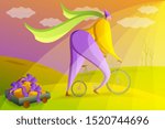 A fairytale character on a bicycle with a trolley filled with gifts, carries them along the sunny hills with a smile on his face.