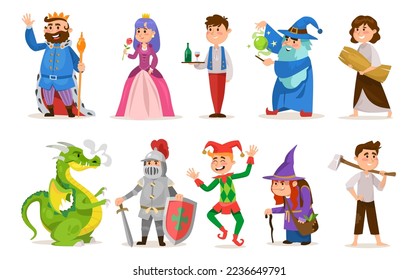 Fairytale character set for a medieval game isolated on white background. King, queen, sorcerer, peasant, dragon, knight, jester, witch, and main boy character. Cartoon style vector illustration.