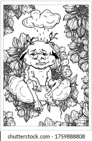 Fairytale character, tired Troll with sad look, with protruding teeth and drooping ears, with round nose and sprouting leaves from his head, sits on big cloud under rain surrounded by large flowers. svg