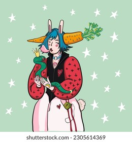 fairytale character in vector.hare prince with a carrot in his head kisses the princess snake.modern fairy tale character.furry,phone,ears,tail,historical costume,collar,gag,love,heart,fashion