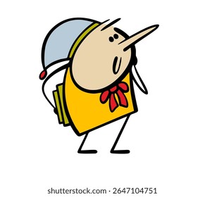 Fairy-tale character, a wooden boy with a long nose and an elegant bow around his neck, holds textbooks and looks attentively. vector illustration of the pinocchio story.