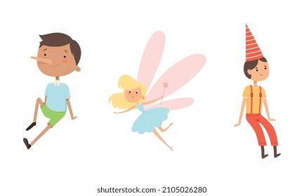 Fairytale Character with Wooden Pinocchio and Fairy with Magic Wand Vector Set