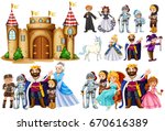 Fairytale characters and castle building illustration