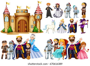 Fairytale characters and castle building illustration