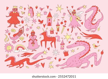 Fairytale Characters and Elements for Kids. Princesses, Unicorns, Fairies, Castles, Dragons, Flowers, and Hearts. Magical Composition Isolated on Light Background. Flat Vector Illustration