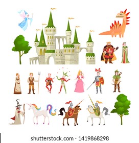 Fairytale characters. Fantasy medieval magic dragon, unicorn, princes and king, royal castle and knight, vector magic story set