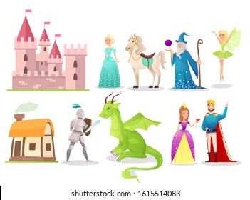 Fairytale characters flat vector illustrations set. Brave knight fighting with dragon. Magic fairy and wizard. Cartoon queen, king and princess with white horse. Medieval castle and old hut.