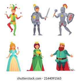 Fairytale characters. Historical medieval people, king and queen, princess and knight, jester. Woman and man of middle age and legends. Warriors with shield and sword isolated set vector