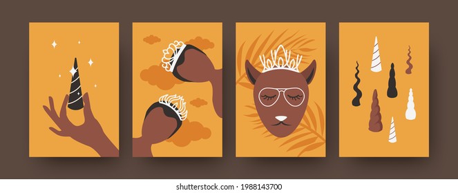 Fairytale characters illustrations set in bright colors. Black princesses with beautiful shiny crowns. Cute cat in glasses, various horns. Fantasy concept for banners, website design or landing page