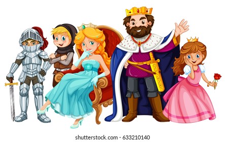 Fairytale characters with king and queen illustration