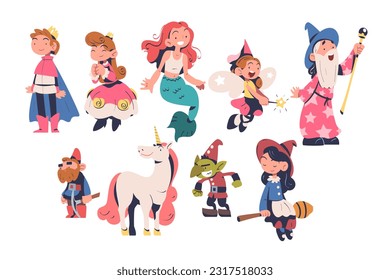 Fairytale Characters with Mermaid, Fairy, Magician, Gnome, Unicorn, Troll, Witch and Princess Vector Set