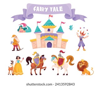 Fairytale Characters with Mermaid, Gnome, Jester, Snow White, Knight and Lion King Vector Set