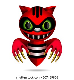 Fairy-tale characters terrible monster red striped with green eyes with claws ears isolated on white background
