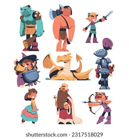 Fairytale Characters with Troll, Giant, Elf, Witch, Dragon, Knight, Princess, Archer and King Vector Set