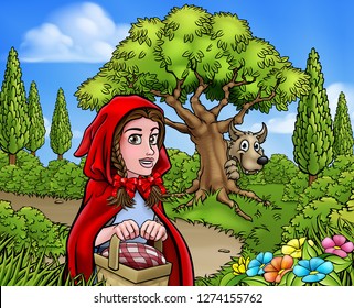 Fairytale childrens story scene the big bad wolf cartoon character looking from behind tree while little red riding hood is holding her basket   walking to gradmas house 