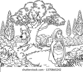 Fairytale childrens story scene of the big bad wolf cartoon character looking from behind a tree while little red riding hood is holding her basket and walking to gradmas house.