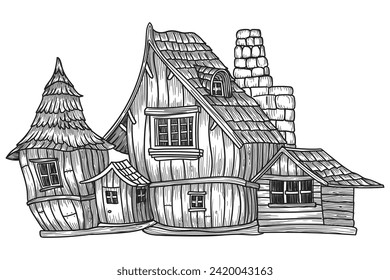 Fairytale children's wooden house with tiled roof. Sketch in cartoon style isolated on white background.