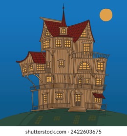 Fairytale children's wooden house with tiled roof. Sketch in cartoon style.