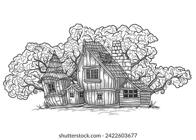 Fairytale children's wooden house with tiled roof with a garden . Sketch in cartoon style isolated on white background.