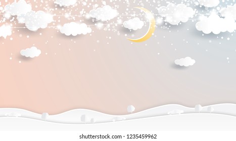 Fairytale Christmas Background in Paper Cut Style. Winter with Moon and Clouds. Vector Illustration. Merry Christmas and Happy New Year.