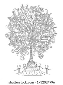 Fairytale city, fantastic tree, fantasy castle. Vector outline illustration for adult coloring book with doodle and zentangle elements. Hand-drawn, stylized composition.