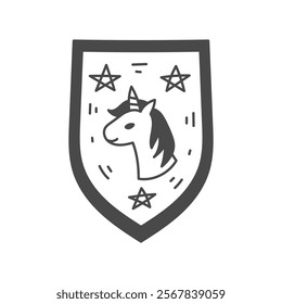 Fairytale Coat of Arms with Unicorn and Stars. Fantasy icon in doodle style. Outline magical creation portrait on shield. Vector illustration