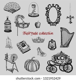 Fairytale collection. A set of magic items. Vector graphic illustration