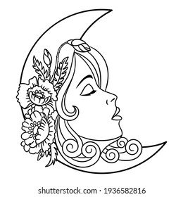Fairytale coloring page. Fairy tale moon lady with flowers. Line art design for adult or kids colouring book in zentangle style. Vector illustration.