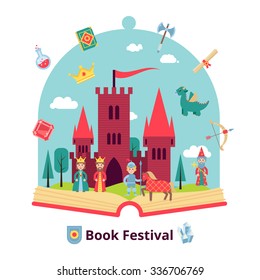 Fairytale concept with open book and medieval castle and characters vector illustration