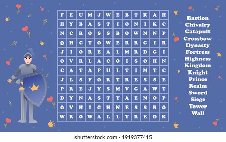 Fairytale concept word search game for kids with cartoon character - knight with sword and shield with crown sign, fantasy dreamlike riddle for printable worksheet or children book