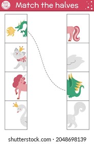 Fairytale connect the halves worksheet.  Matching game for preschool children with fantasy creatures. Match heads and tails activity with dragon, unicorn, cat, swan.
