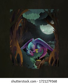 Fairytale cover illustration cute baby dragon sleeping on grass in front of dark magic forest and fool moon