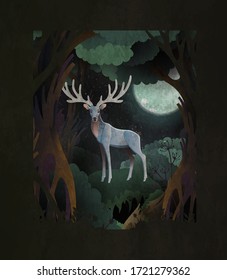 Fairytale cover illustration silver king stag in front of dark magic forest and fool moon