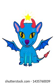 Fairytale creature blue dragon with horns. Blue dragon with wings in the tail with a colorful night sky. Dragon with green ears, pink horns and a star between the horns.