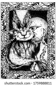 Fairytale creature, funny sea rabbit, with a round head, long ears and kind smile, with scales, fins and a fish tail, among the algae and marine plants on the seabed under the moon, in a wicker frame.