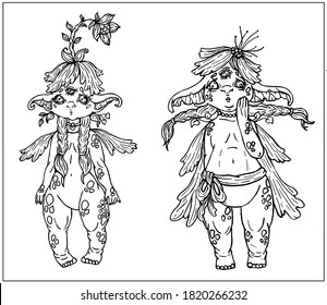 Fairytale creatures, cute cartoon characters, baby forest fairies with big ears and plump cheeks, long pigtail, wings and short legs, with vegetation and flowers on body and head, in different poses.
