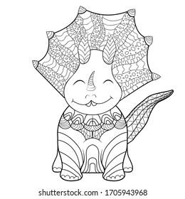 Fairytale cute baby dino with horns isolated on white.Coloring page outline of cartoon dinosaur.Vector artwork illustration. Black outline. Coloring book for adults and children.Meditation, relaxation