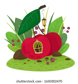 Casa de cerezos en el césped con una lámpara. Ilustración vectorial al estilo de las caricaturas.