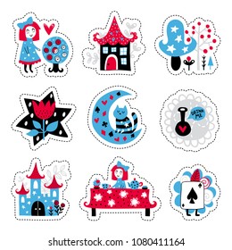 Fairytale cute elements. Color vector stickers. Illustration with girl and decor. Design for prints and cards.